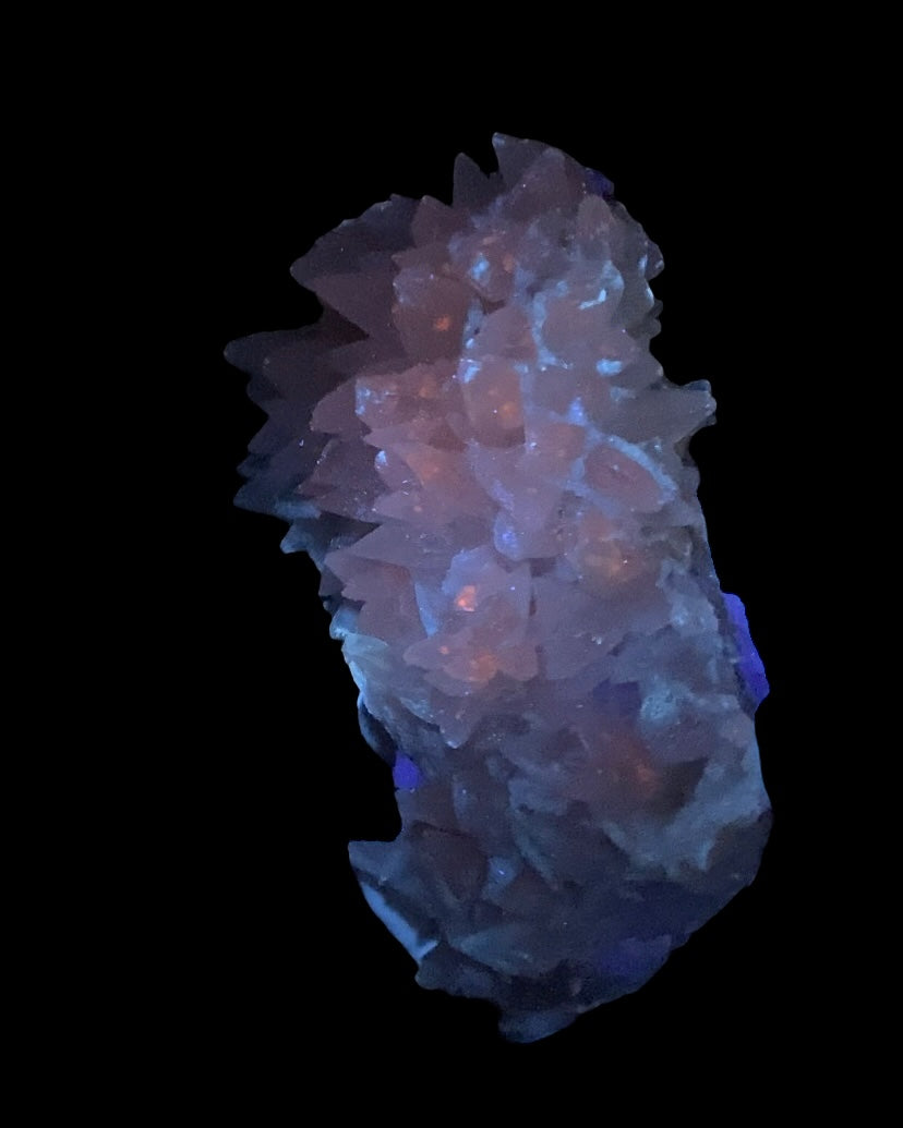 Fluorescent Dog Tooth Calcite on Blue Purple Fluorite Matrix, UV Reactive, Fluorescent