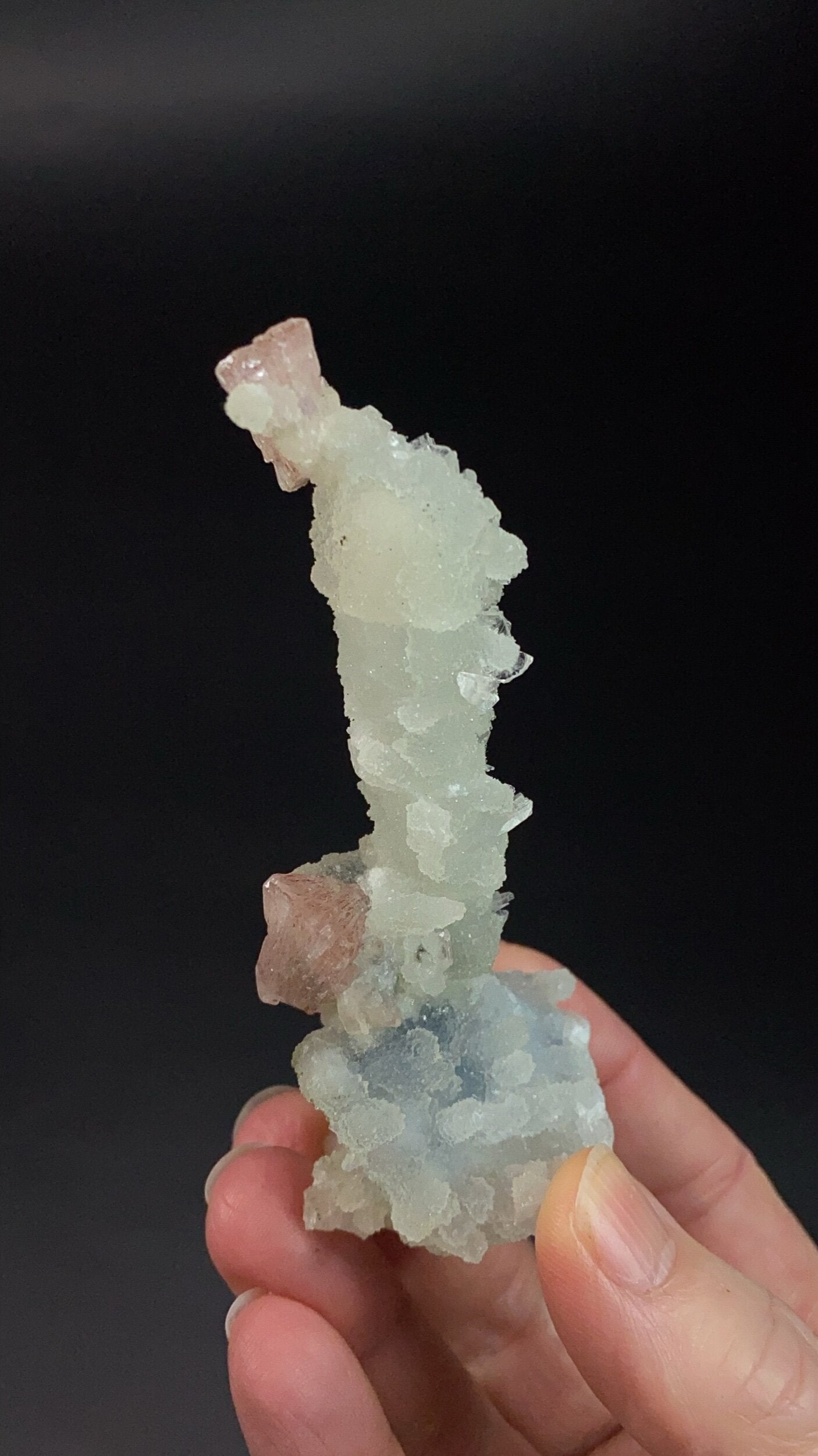 Clear Apophyllite, Pink Heulandite & Calcite Stalactite Formation Cluster