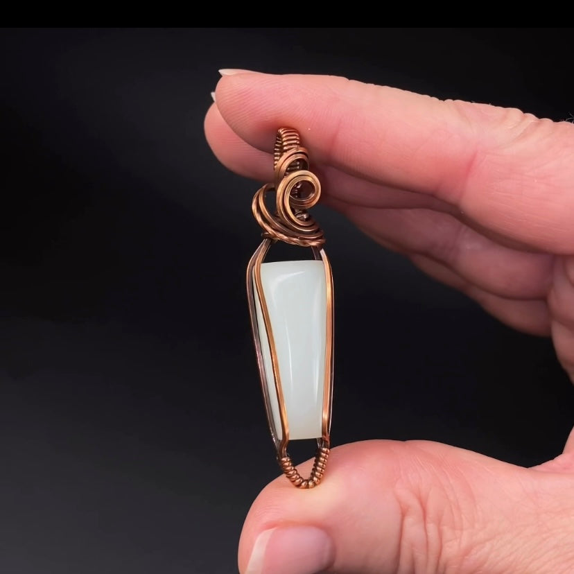 Green Common Opal and Copper Wire Wrapped Pendant