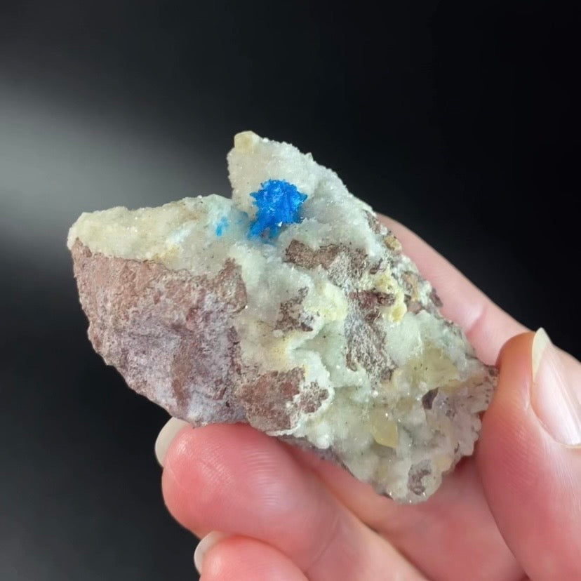 Vibrant Blue Cavansite / Pentagonite Cluster with Phosphorescent Calcite Crystals on Druzy Stilbite Over Basalt Matrix
