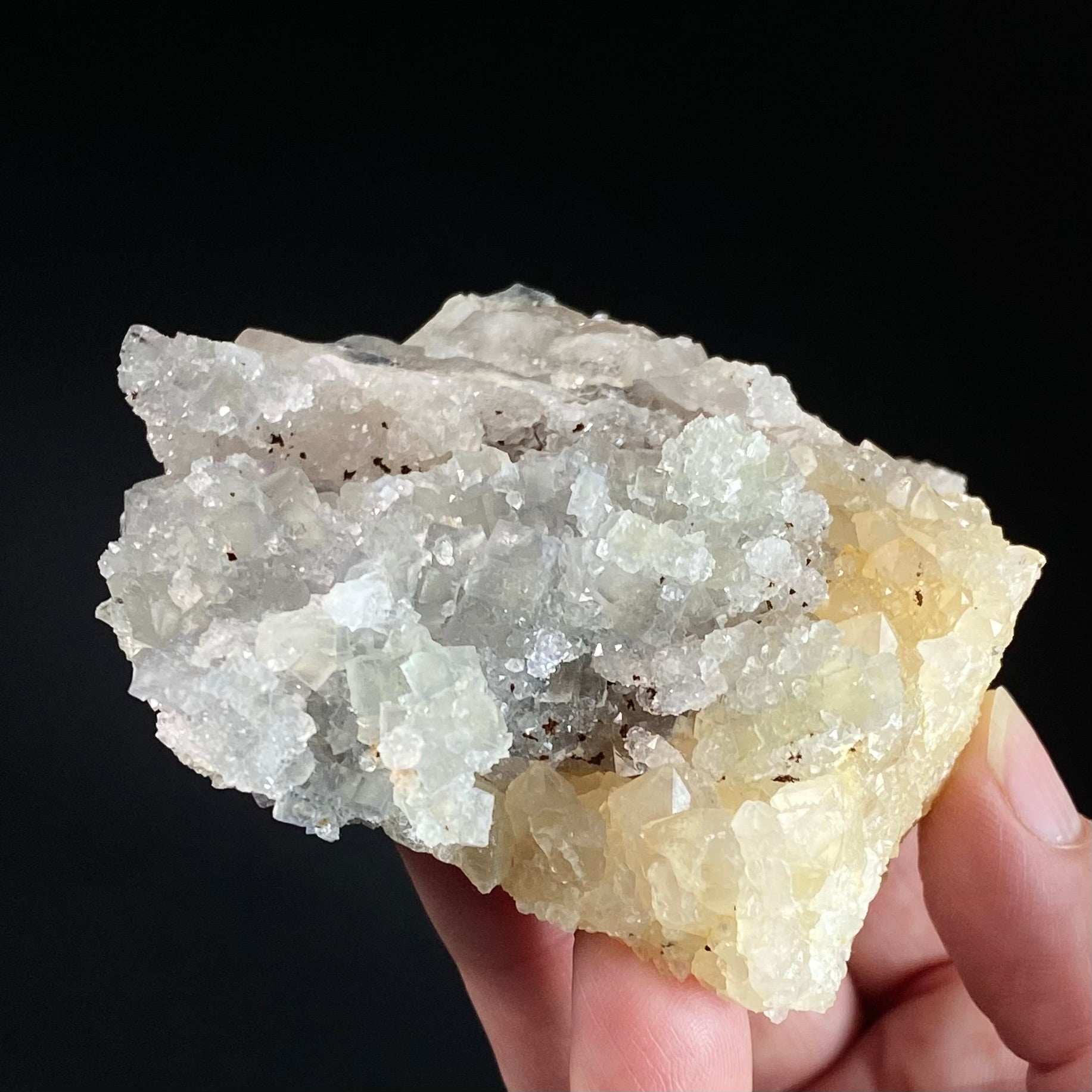 Pale Green Gray Cubic Fluorite Cluster with Amethyst