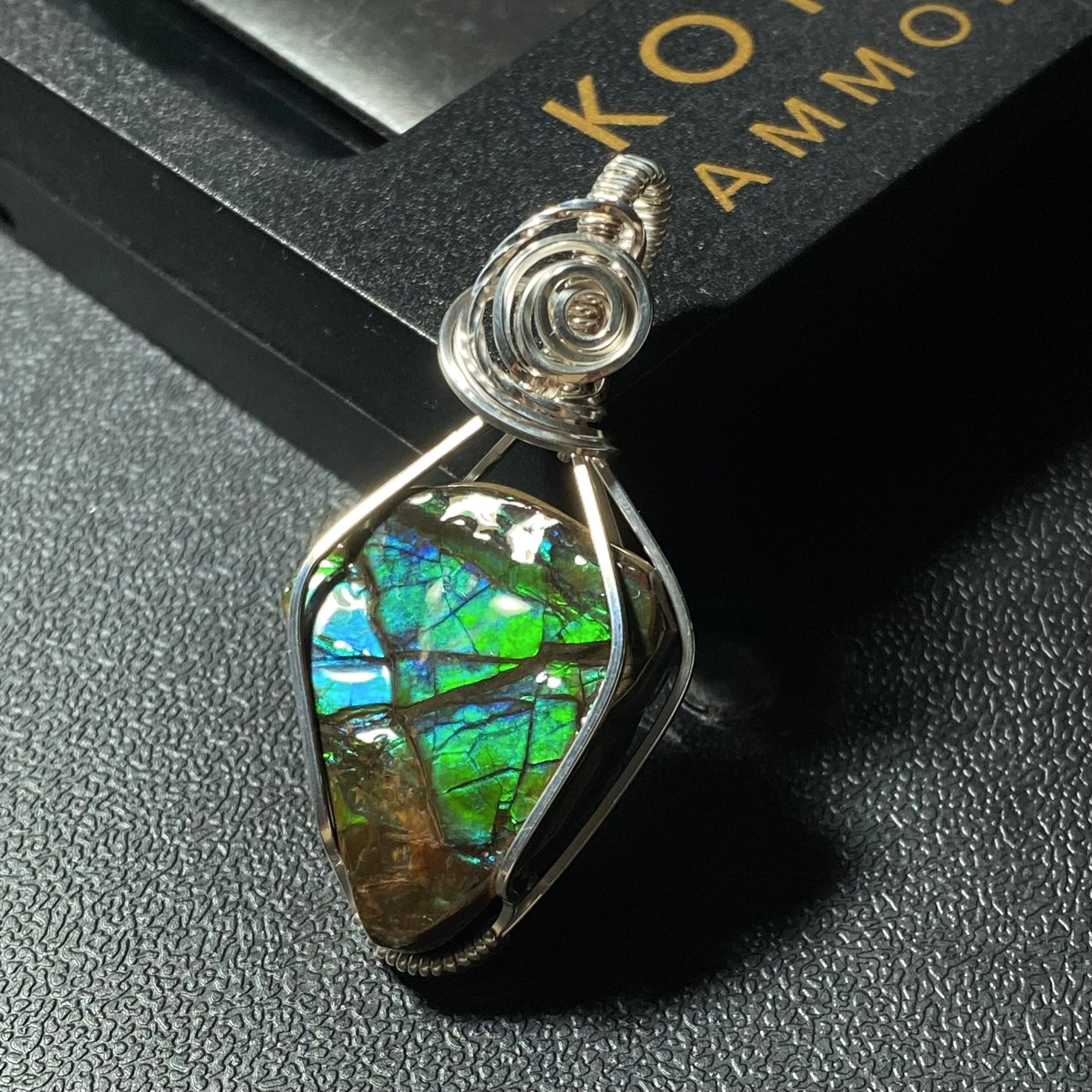 Canadian Ammolite and Sterling Silver Wire Wrapped Pendant