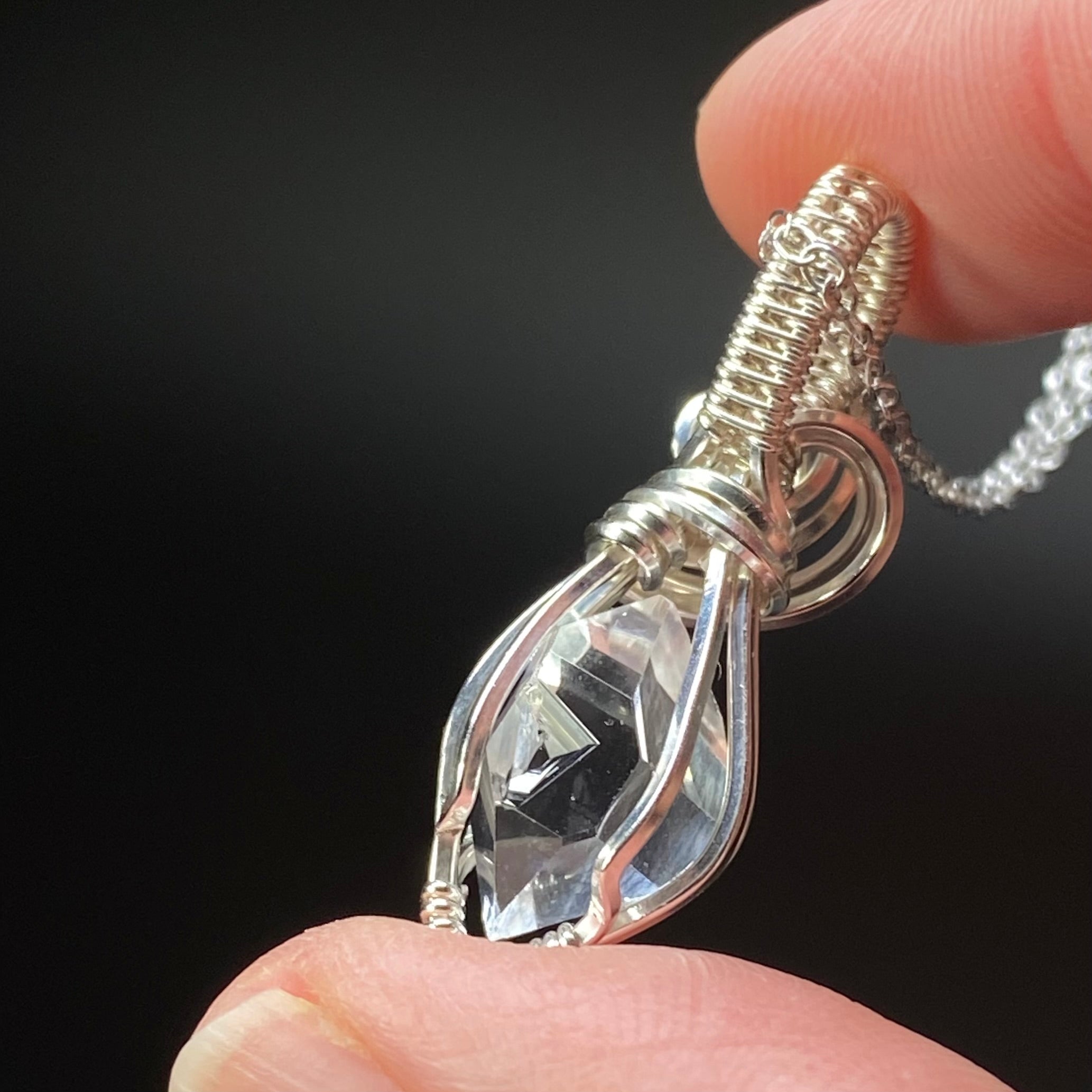 Herkimer Diamond Quartz & Sterling Silver Wire Wrapped Pendant with Rhodium Plated Sterling Silver Chain