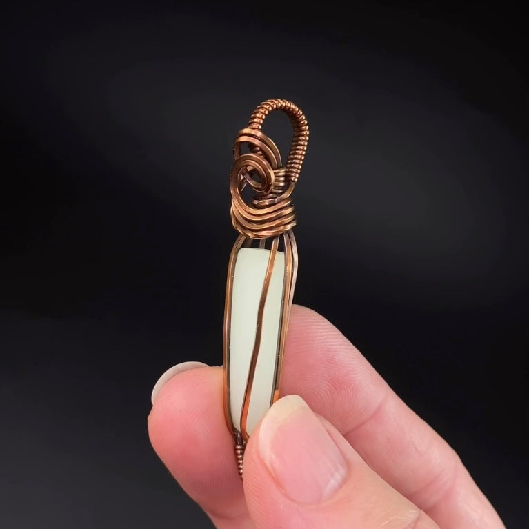 Green Common Opal and Copper Wire Wrapped Pendant