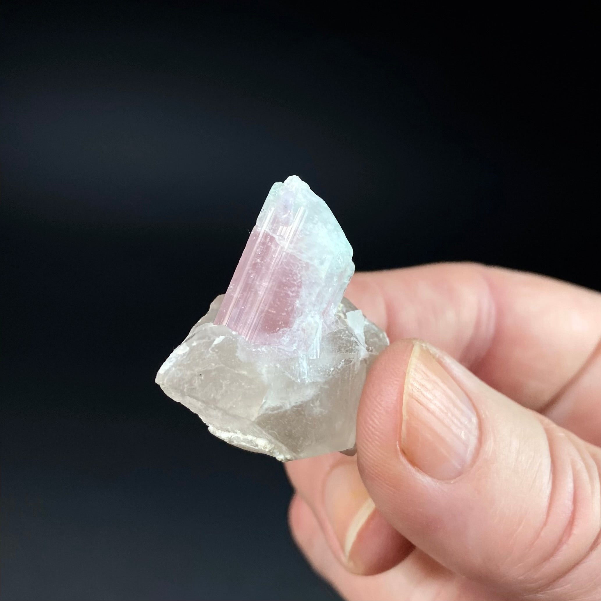 Bicolor Pink & Green Tourmaline on a Light Smoky Quartz Crystal