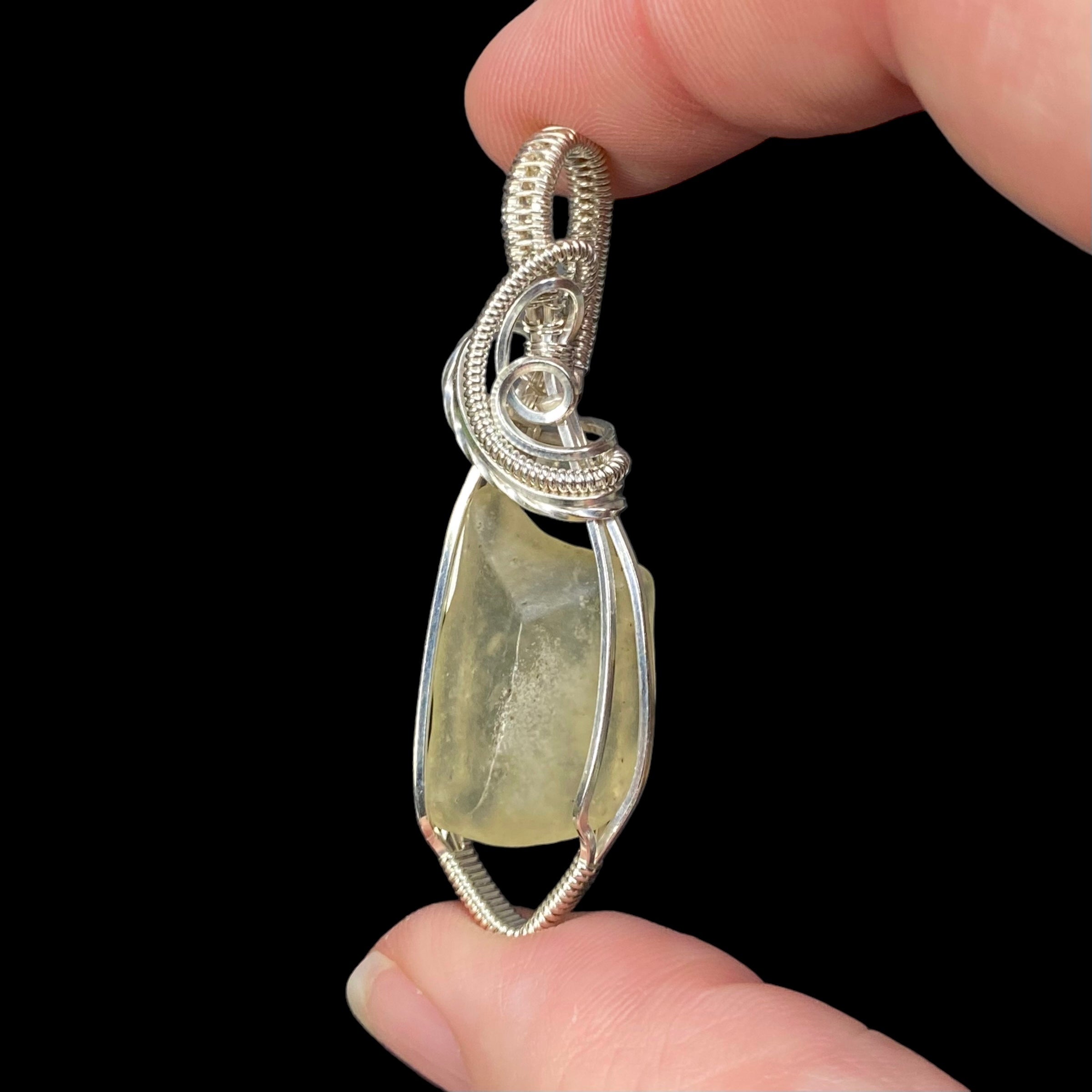 Libyan Desert Glass and Sterling Silver Wire Wrapped Pendant