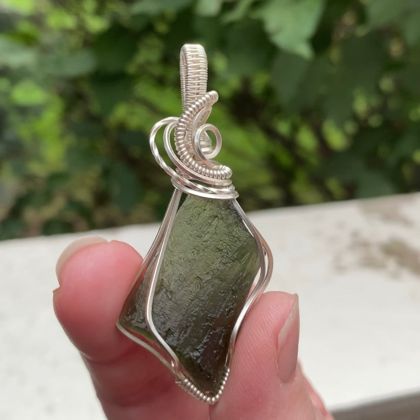 Genuine Moldavite Wire Wrapped Pendant in Sterling Silver Wire
