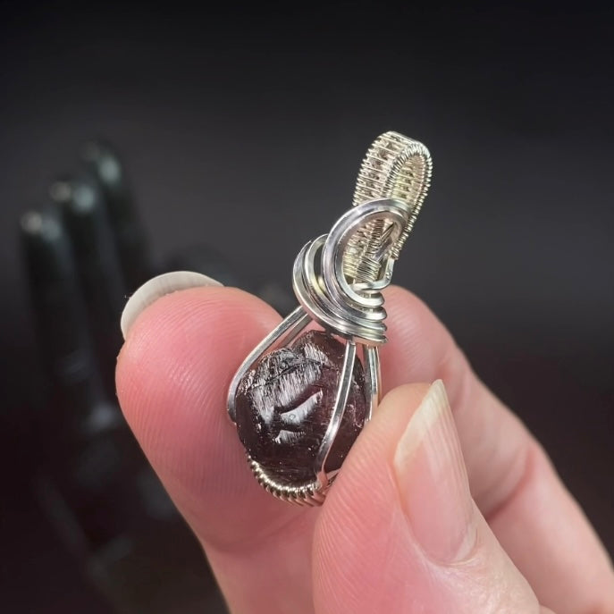 Natural Etched Garnet and Sterling Silver Wire Wrapped Pendant