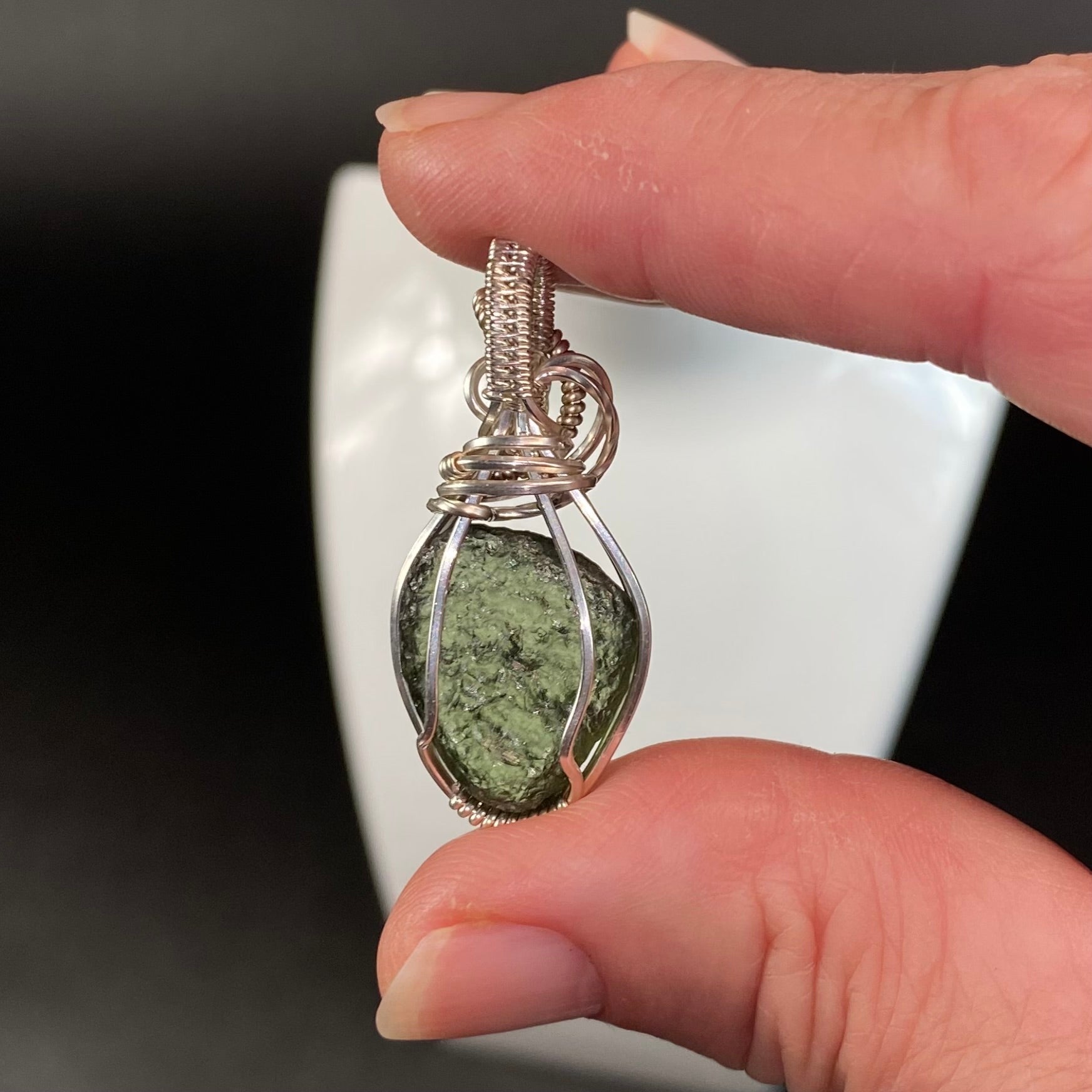 Moldavite Wire Wrapped Pendant in Sterling Silver Wire