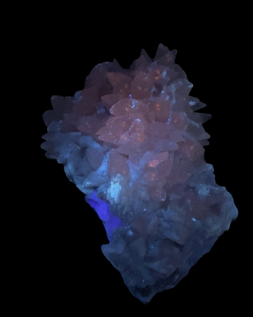 Fluorescent Dog Tooth Calcite on Blue Purple Fluorite Matrix, UV Reactive, Fluorescent