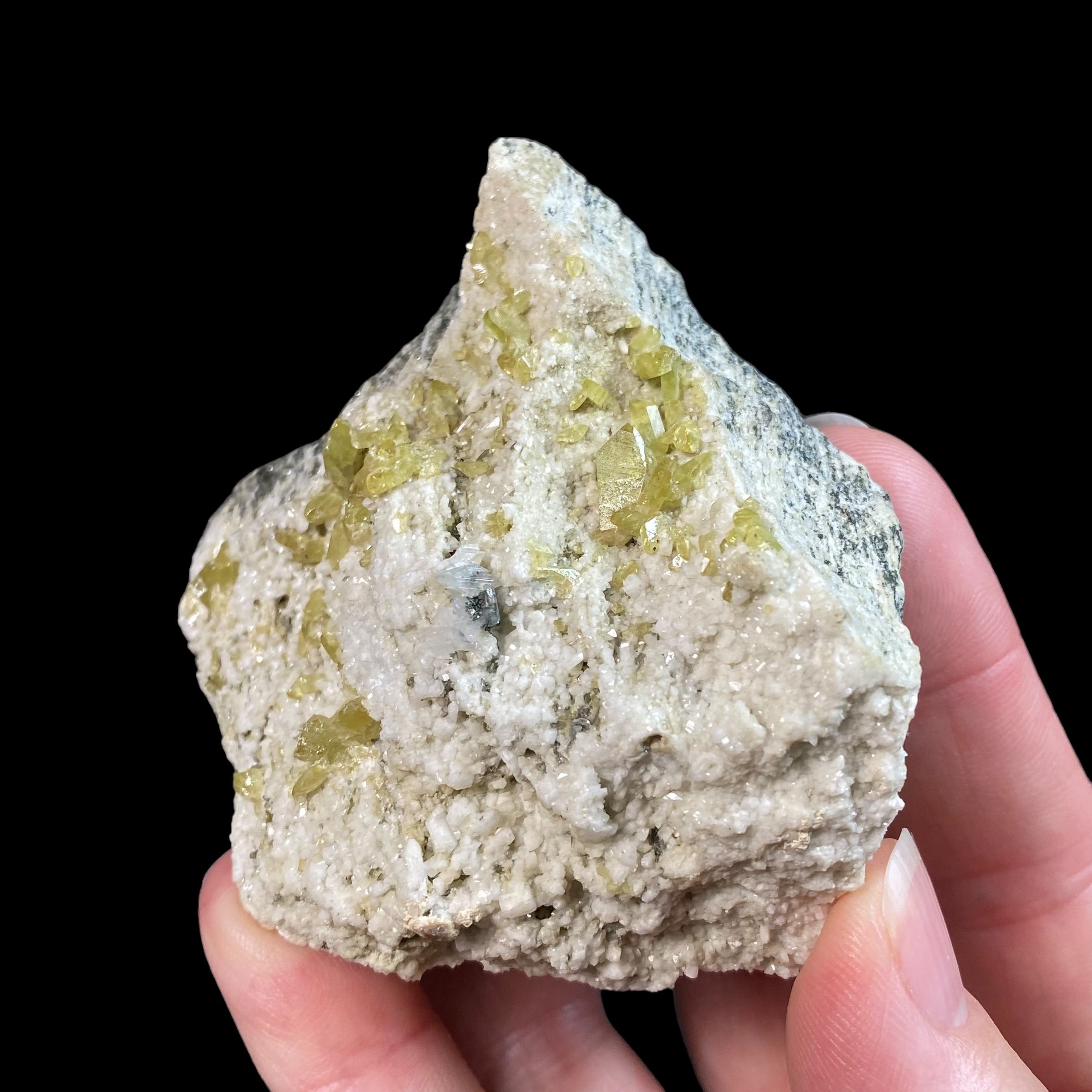 Yellow Colored Titanite Crystals on Albite and Colusite Matrix