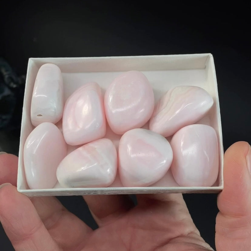 High Grade Light Pink Mangano Calcite Tumbled Stone from Peru, Fluorescent
