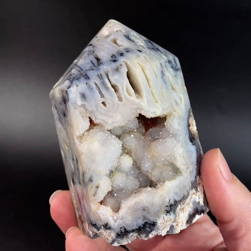 Agate & Druzy Quartz Polished Tower with Multiple Vugs