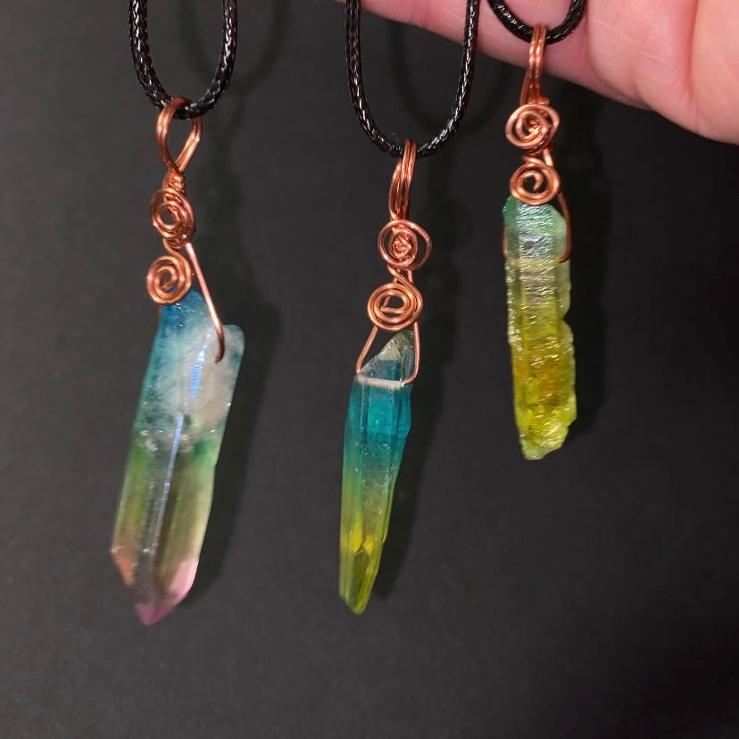 Raw Aura Quartz Crystal & Copper Simple Wire Wrapped Pendant