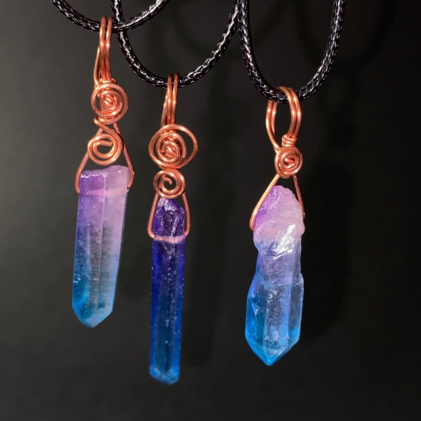 Raw Aura Quartz Crystal & Copper Simple Wire Wrapped Pendant