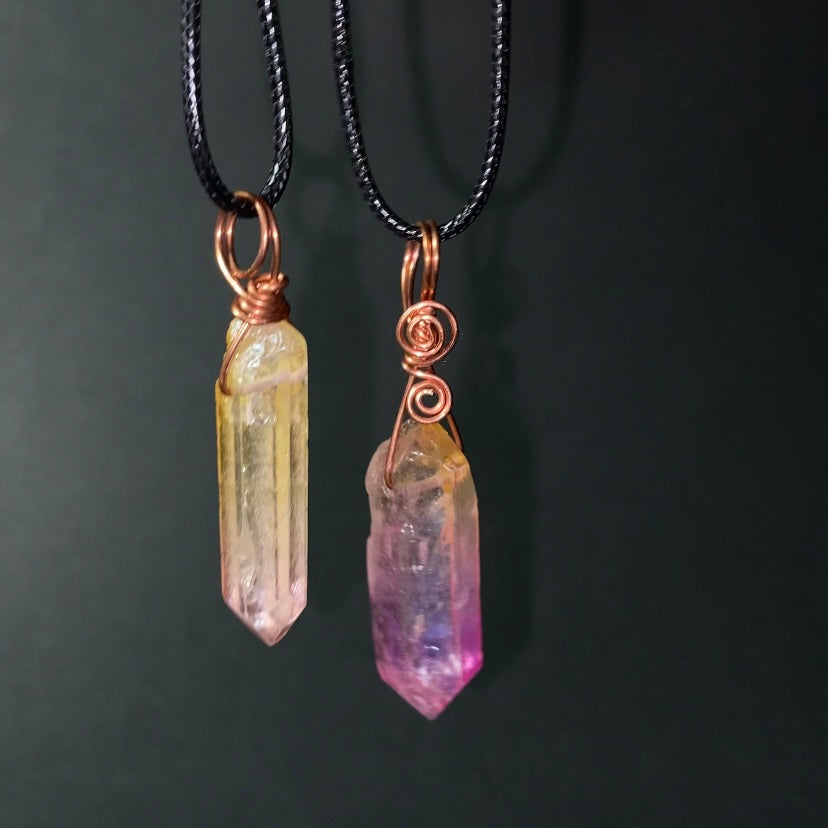Raw Aura Quartz Crystal & Copper Simple Wire Wrapped Pendant
