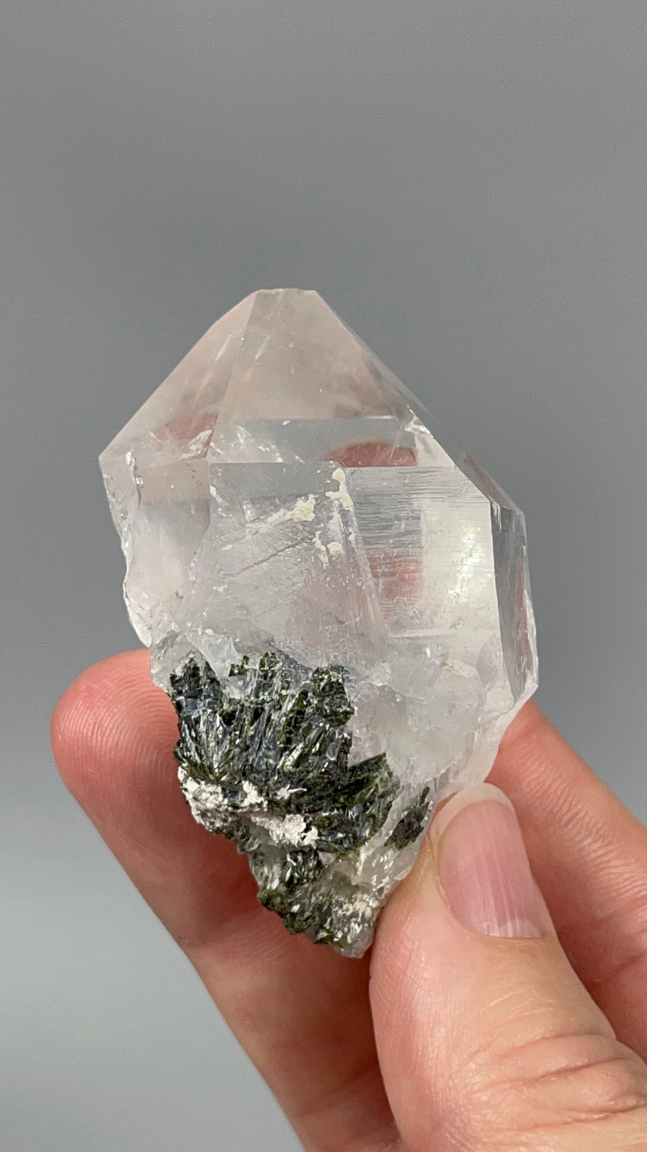 Quartz Crystal with Dark Green Epidote Crystals & Byssolite