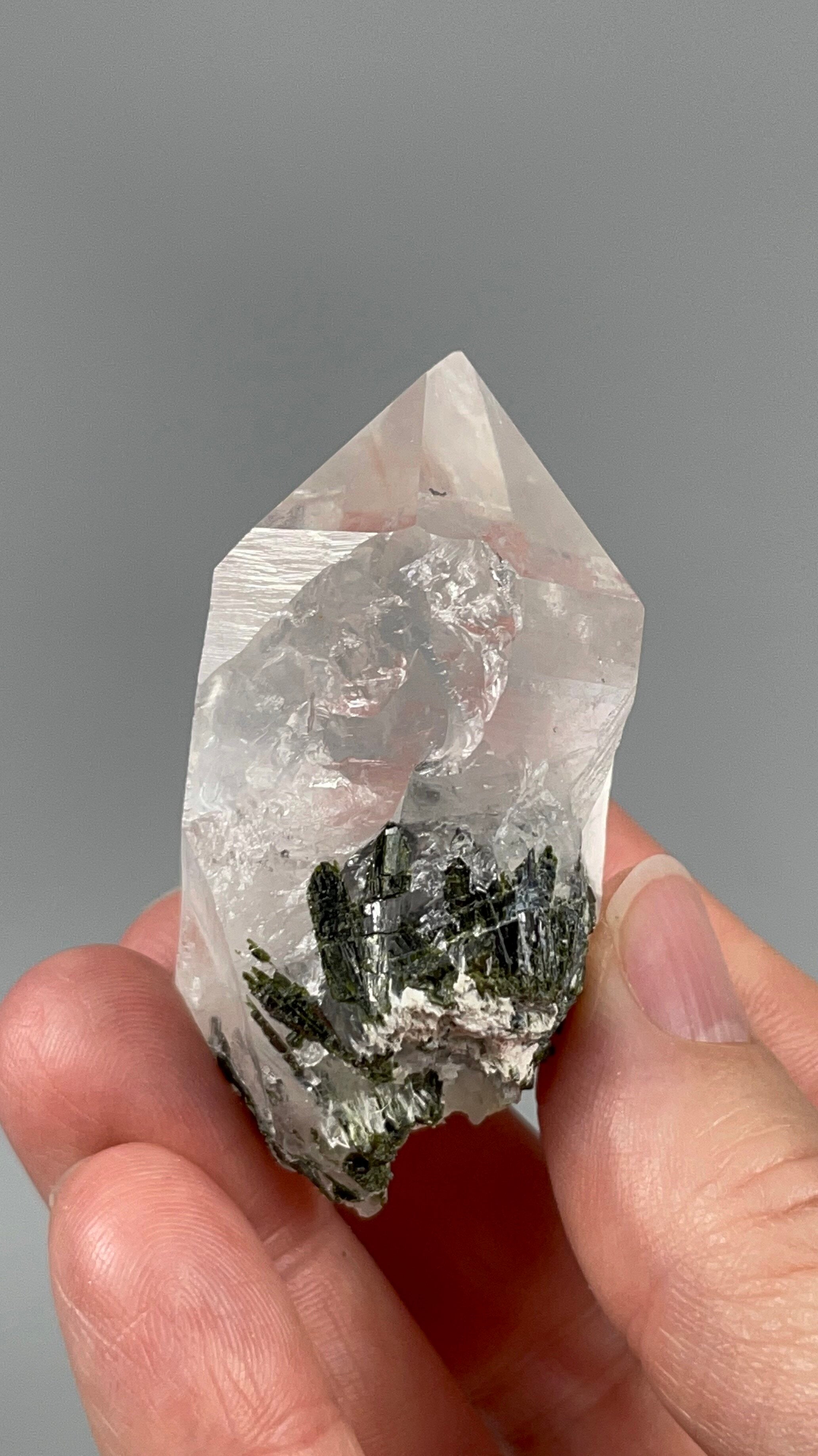 Quartz Crystal with Dark Green Epidote Crystals & Byssolite