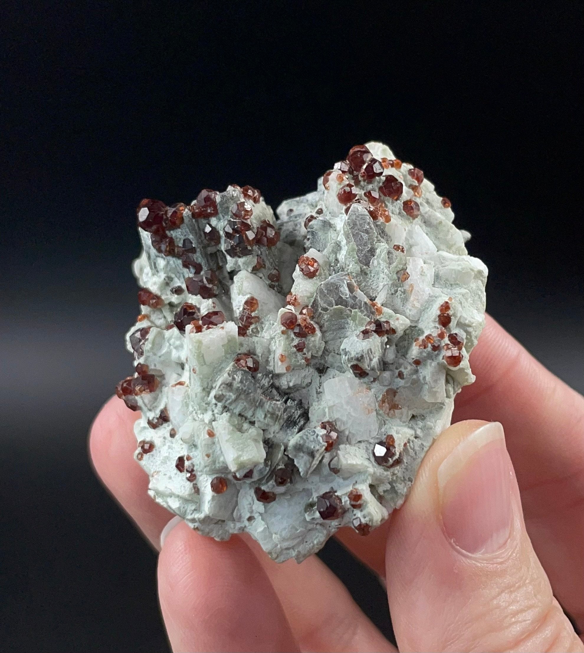 Reddish Orange Garnets on Albite Matrix with Mica and Quartz