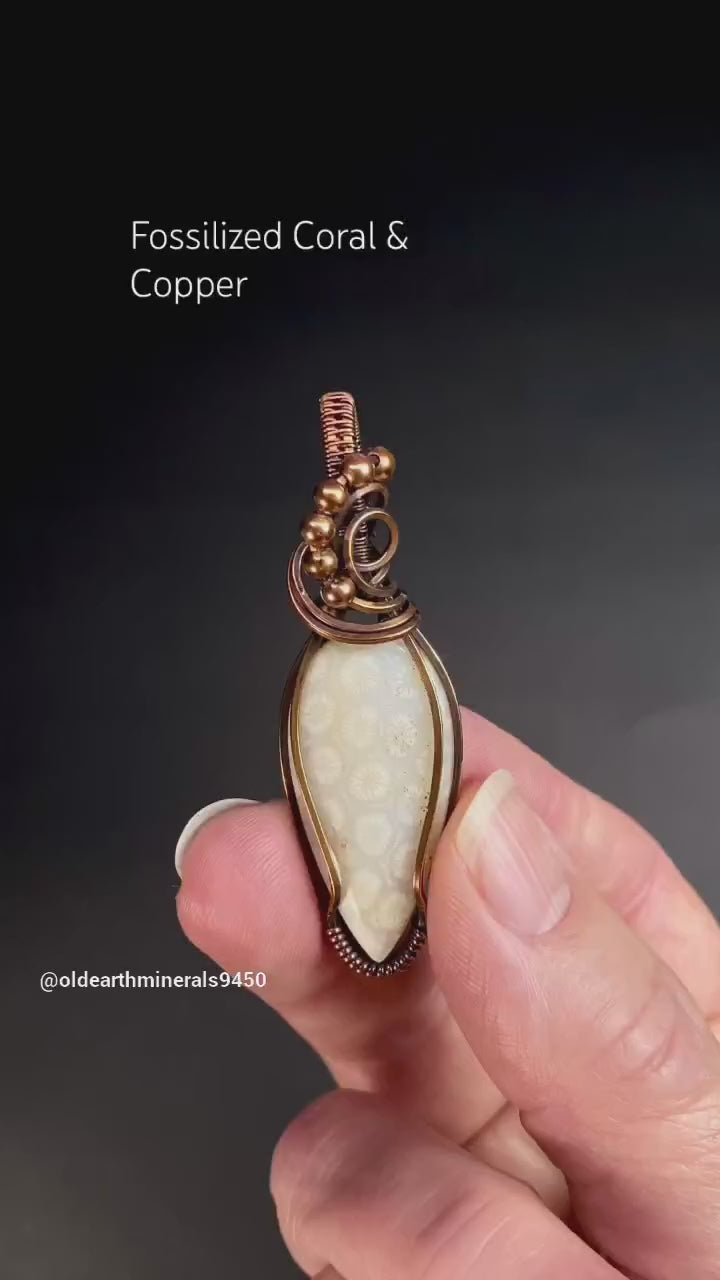 Fossilized Coral Cabochon & Copper Wire Wrapped Pendant